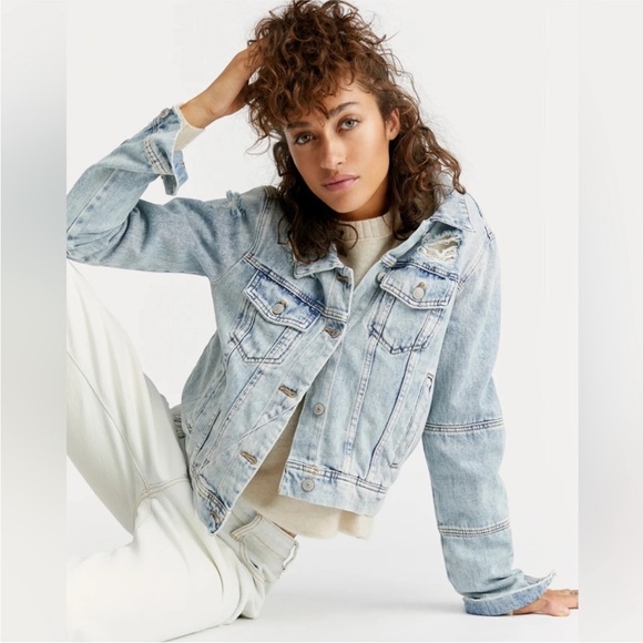 Free People Jackets & Blazers - Free People | Size M Light Wash Rumors Denim Jacket Blue Jean Distressed Fall